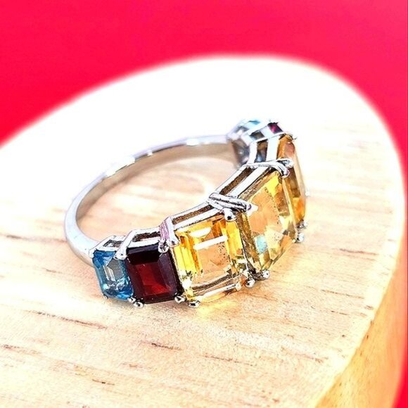 Natural Citrine, Garnet & Blue Topaz 925 Sterling Silver Ring Sz 7.75 - Picture 4 of 9